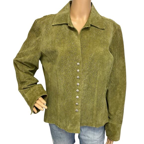 Aria 100% Leather Jacket Eyelet Moss Green Button Front Long Sleeve Size L - Picture 2 of 10